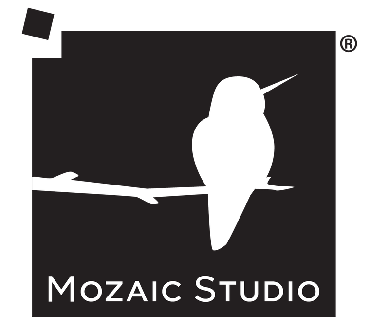 Mozaic Studio logo of a hummingbird in a black square