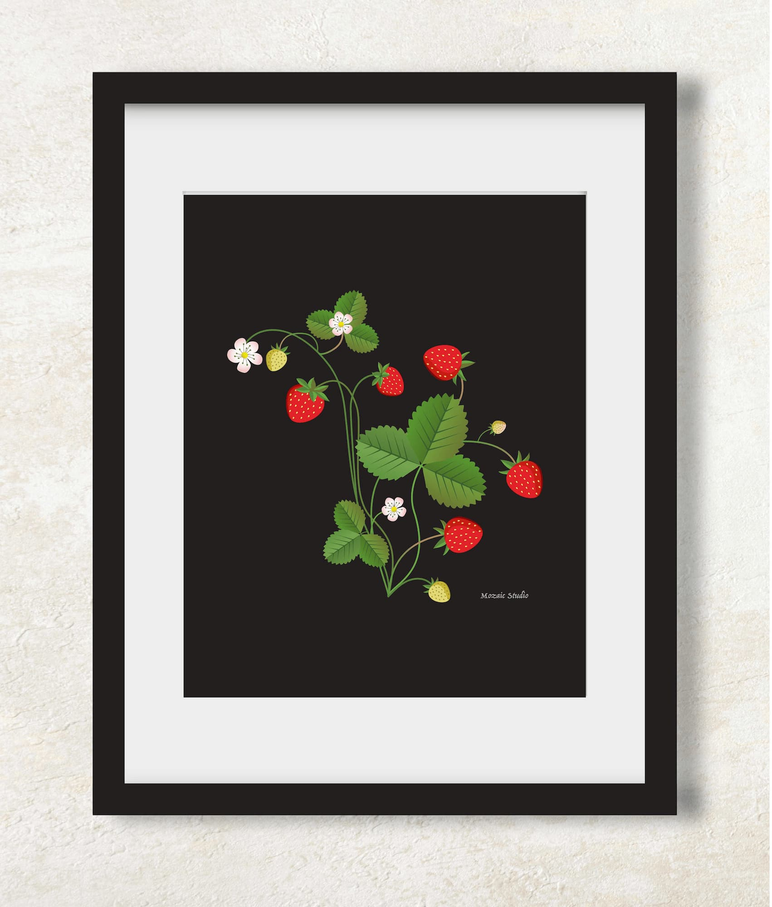 image of red strawberries and green leaves on a black background in a black frame with a white mat