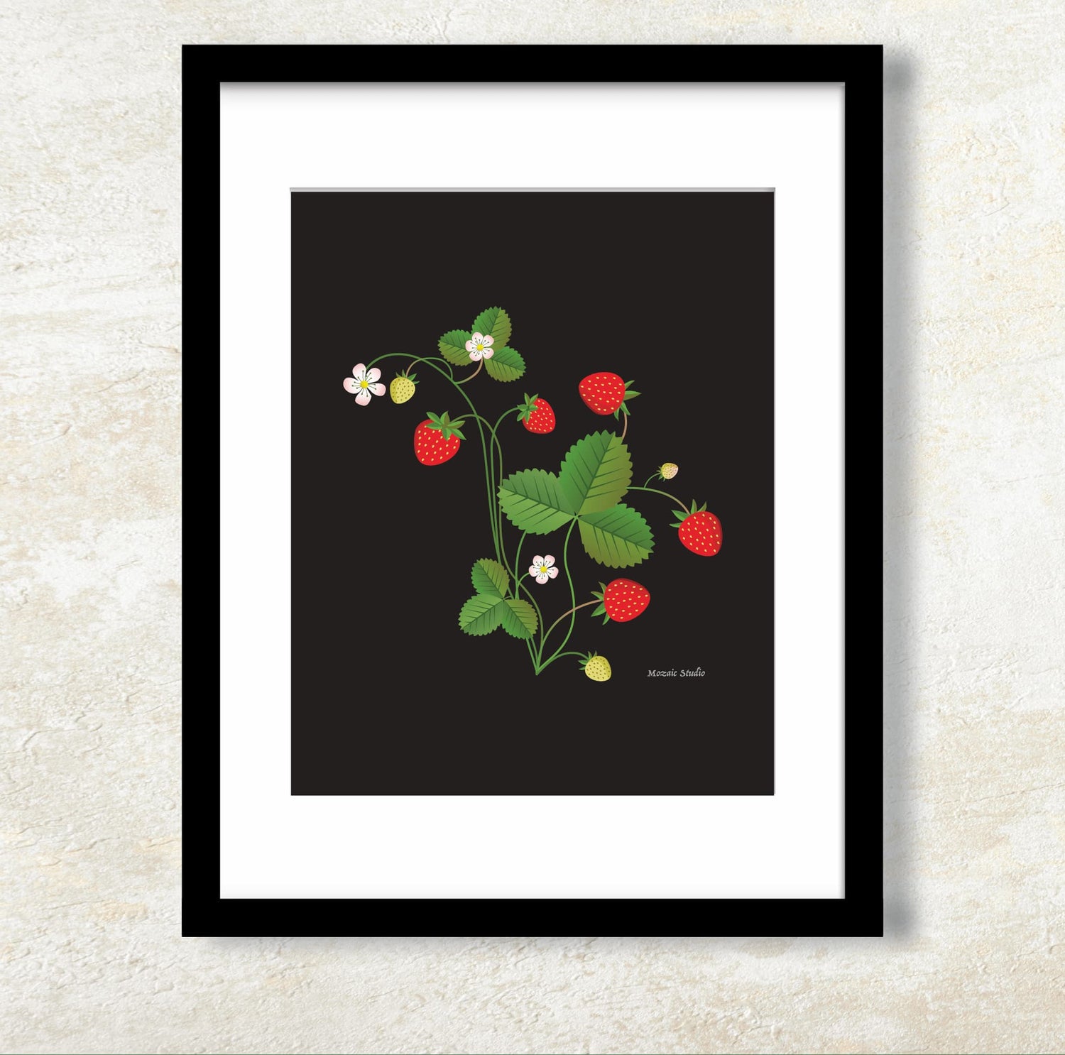 image of red strawberries and green leaves on a black background in a black frame with a white mat