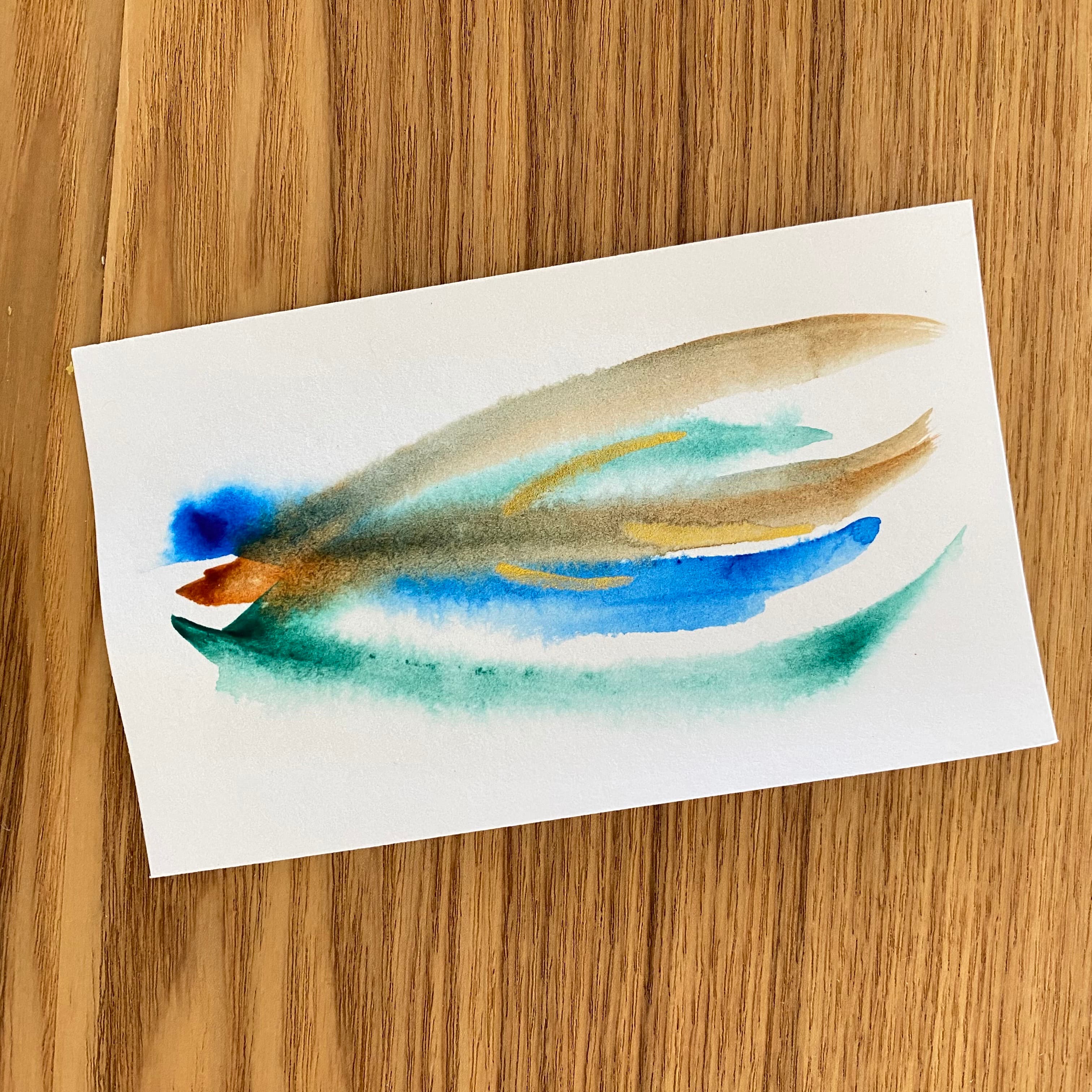 abstarct watercolor showing long simple strokes of blue, green, bronze and gold.