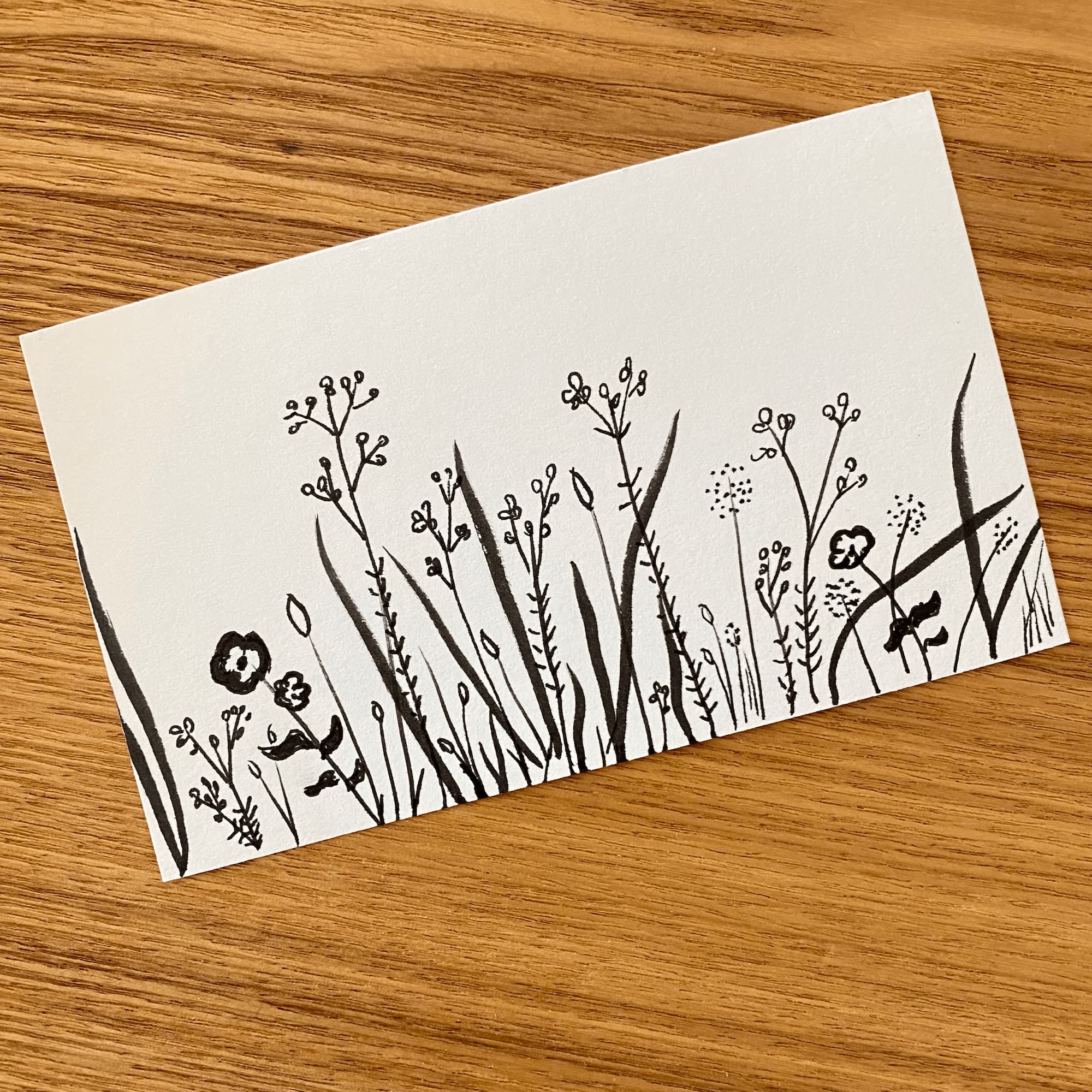 floralscape sketch on index card down with black ink.