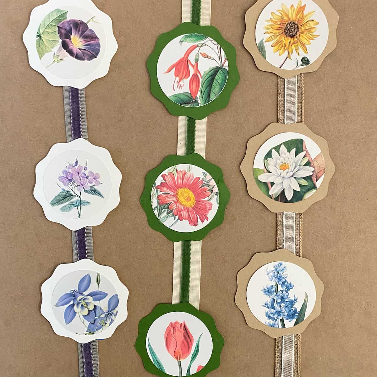 floral paper medallions on ribbon