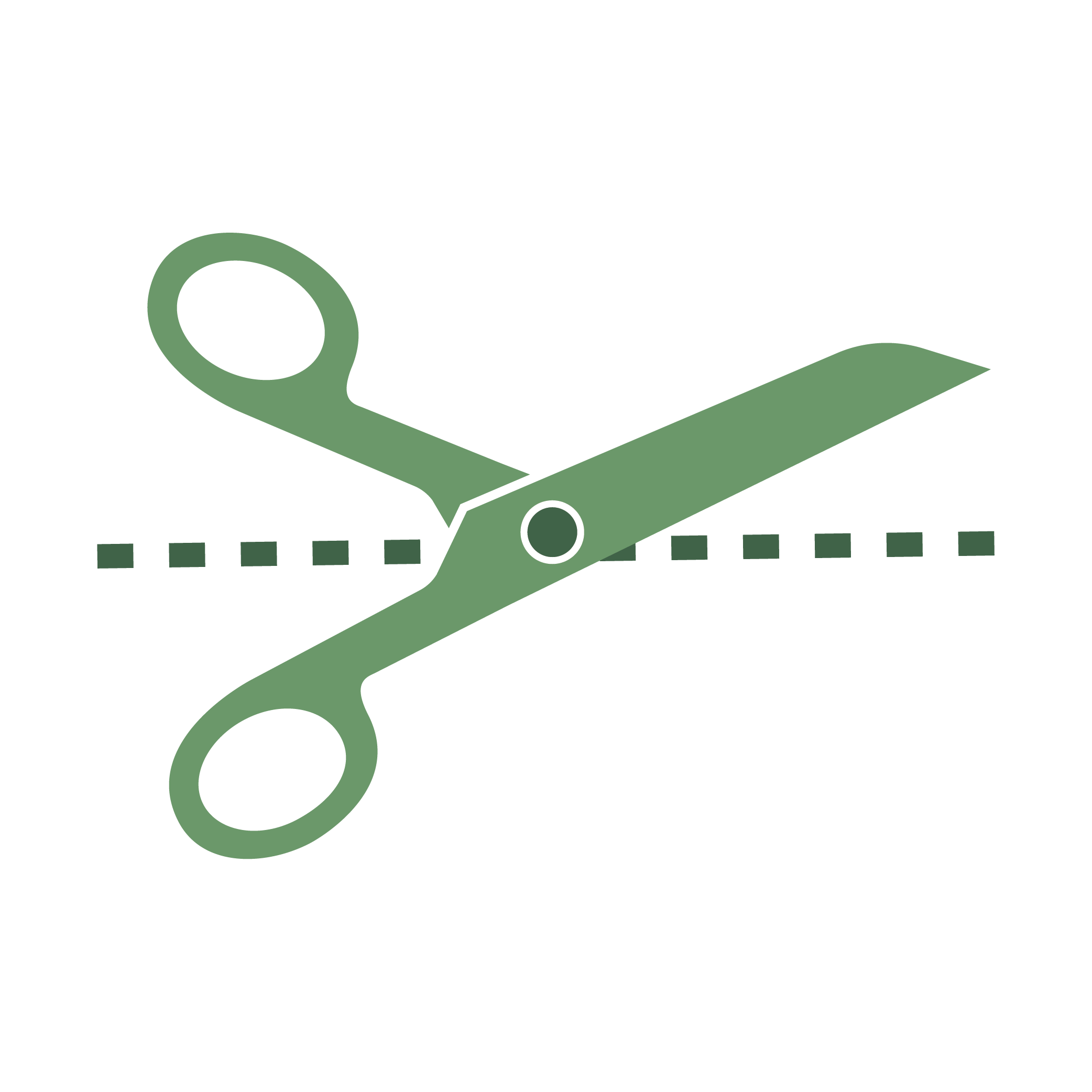 Green scissors icon with a dashed line on a white background