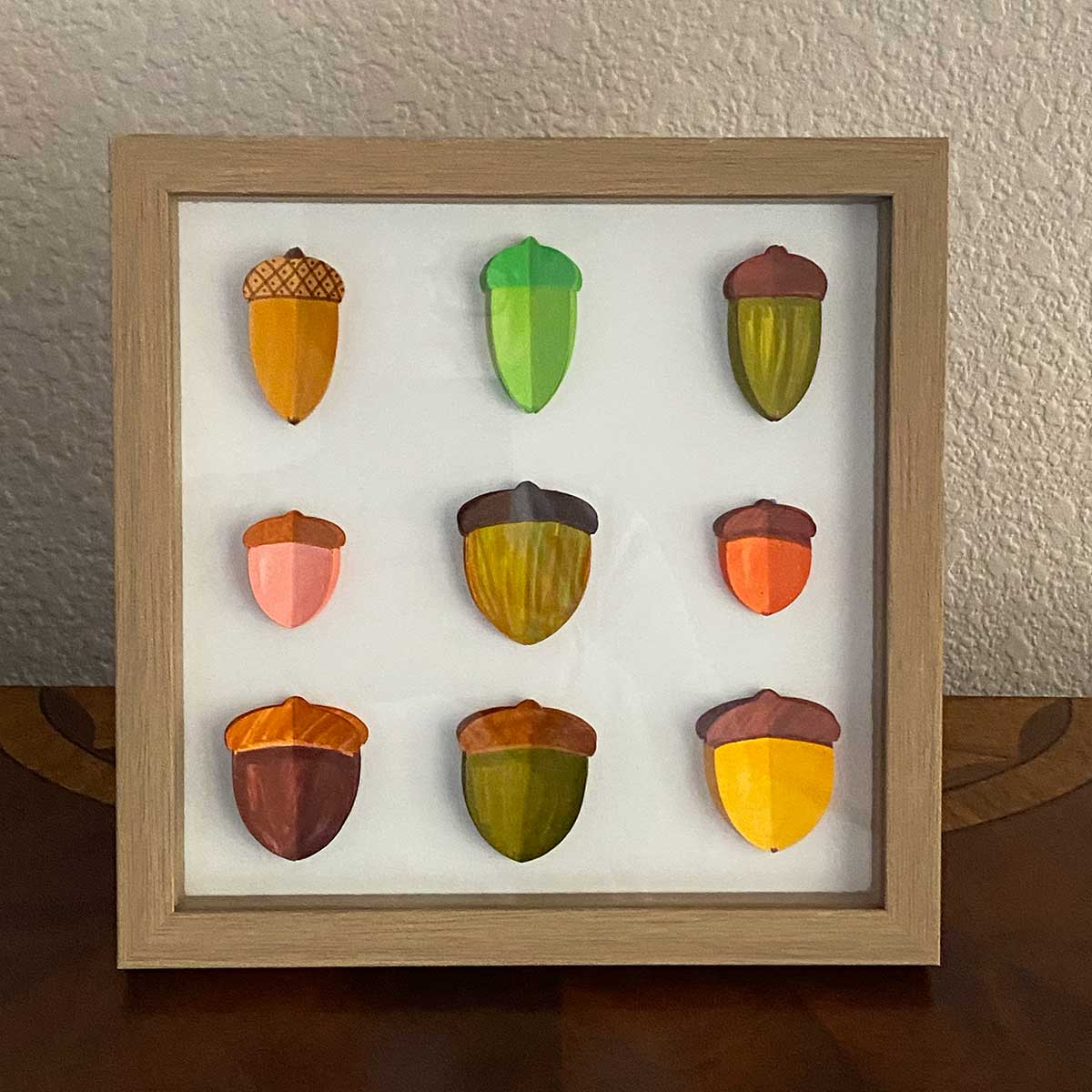 3D paper acorns in a box frame