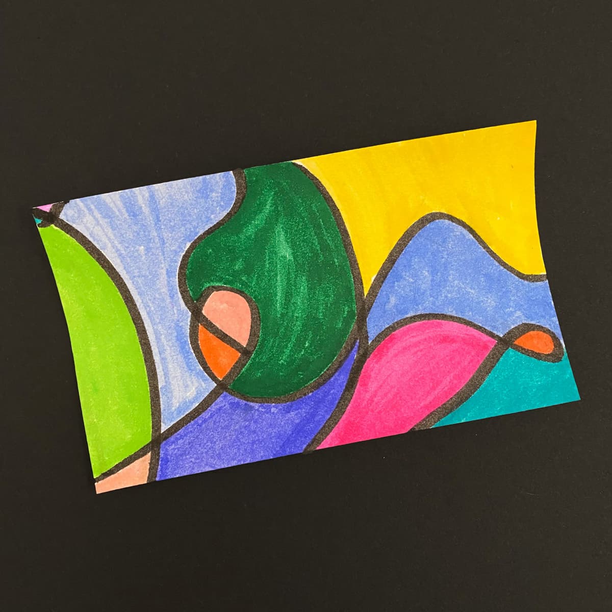 Index card with abstract drawing of rounded colored shapes with black outlines on a black background by Mozaic Studio for ICAD 2025.