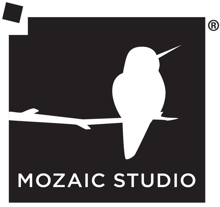 Logo of Mozaic Studio with a white hummingbird silhouette on a black background