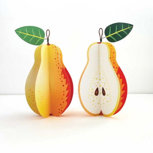 Handmade Paper Pears Mozaic Studio, one whole and one cut